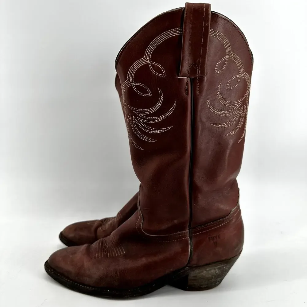 Vintage Frye Cowboy Boots Leather Calf USA Stitched Western Heel Brown 9.5EE
